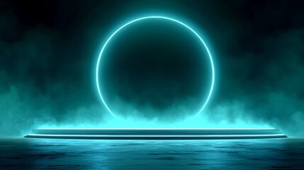 Fototapeta premium Glowing Blue Energy Ring Portal Surrounded by Mist in a Dark Surreal Environment