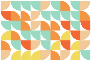 Seamless geometric pattern with colorful half circles and squares in yellow, orange, mint, and beige on white background.