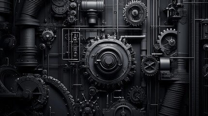 A black and white industrial steampunk machinery background 