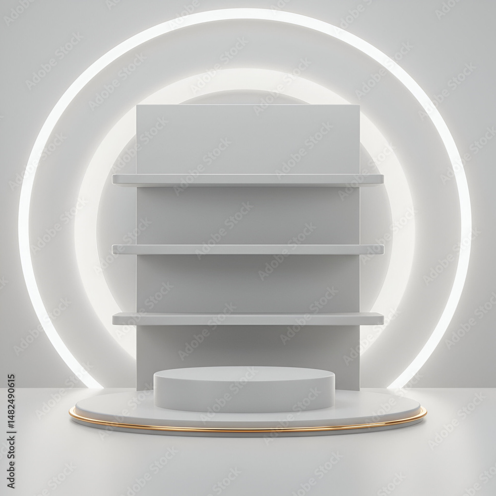 Poster empty white shelving unit with a round podium, illuminated by glowing rings. minimalist display with
