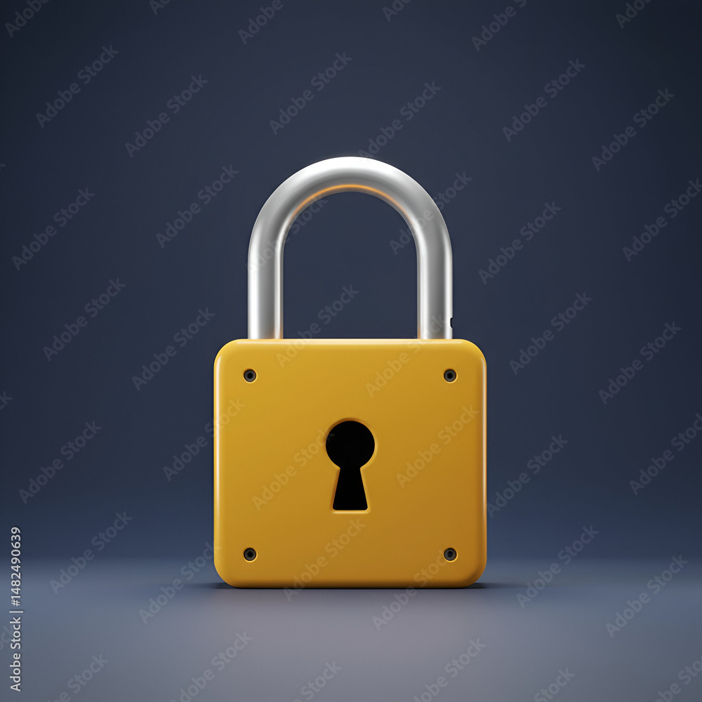 Poster yellow padlock with silver metal loop in a neutral studio setting. a simple, 3d render of a closed p