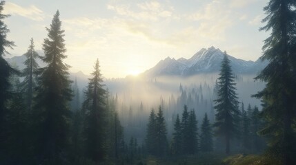 Misty Sunrise in the Majestic Mountains: A Breathtaking View of a Serene Coniferous Forest