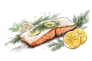Salmon Sketch Grilled Fish with Lemon Slices  Dill, and Culinary Illustration.