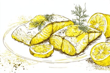 Golden Grilled Fish with Lemon  Dill HandDrawn Culinary Art.