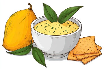 Lucuma Dip Creamy dessert with tropical fruit and crackers.