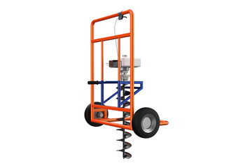 HOLE DIGGER GASOLINE AUGER SOIL DRILL Wheeled Post HANDHELD MACHINE FOR EARTH GROUND, Compact Soil Auger Machine for Planting Trees or Installing Fences, Facing Forward Wheels on a PNG Transparent 