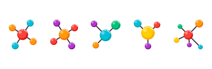 Fototapeta premium Collection of molecule flat color icons. Chemical structure, atom icon 