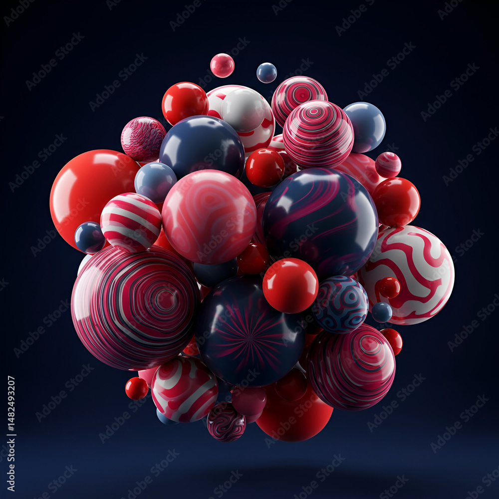 Poster abstract composition of colorful, glossy spheres in red, blue, and pink, suspended in a dark space. 