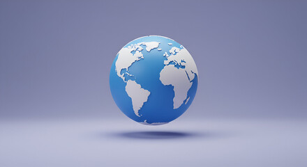 Fototapeta premium 3D model of the Earth displayed in a simple light-purple studio setting. Floating globe with map detail, visually representing Earth.