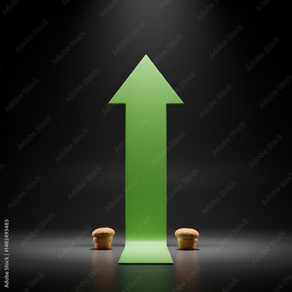 Aufkleber green arrow pointing upward with two cupcakes in a dark studio setting. elevated growth concept with