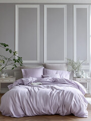 The bed with light purple striped linens, surrounded by white walls and bedside tables the floor is lined with herringbone. The background is a gray wall with paintings. There are plants in the room