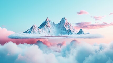Floating mountain peaks connected by bridges in a surreal dreamlike sky