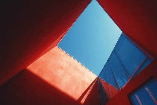 Red-hued architecture with skylight. Sunlight streams through an interior courtyard