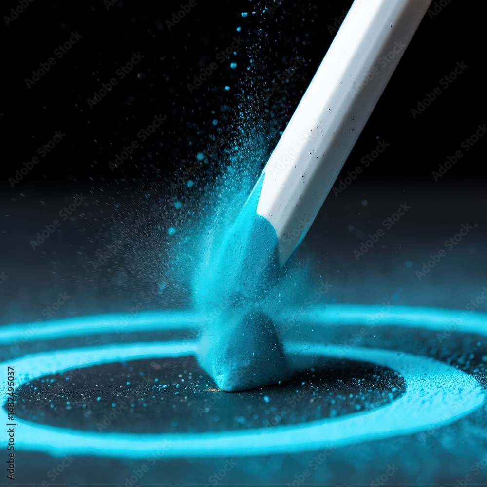 Poster a white pen is dispensing blue powder onto a black surface, creating a circular pattern of concentri