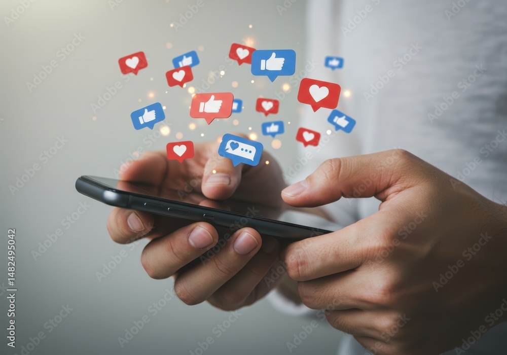 Poster person using a smartphone with social media notifications appearing above the device