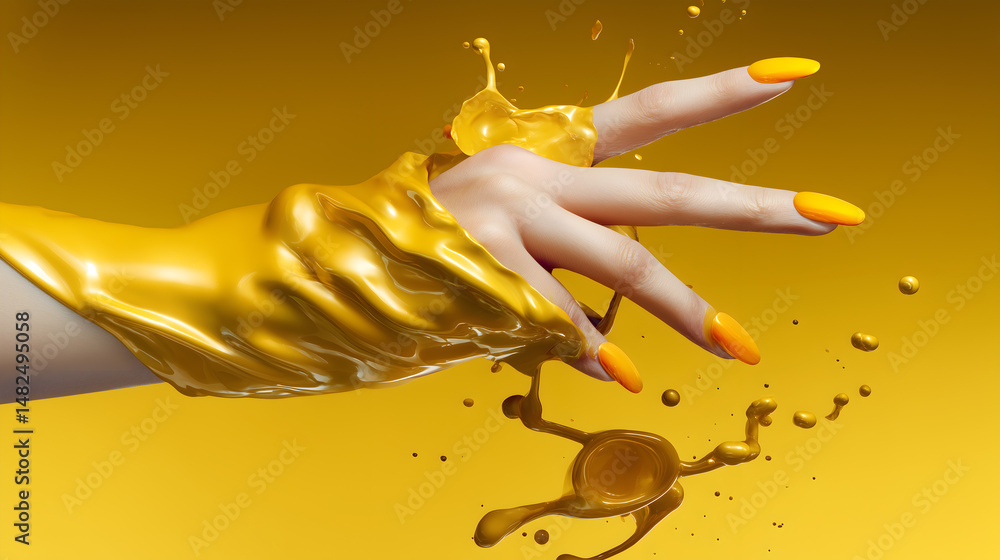 Poster hand reaching through yellow paint, creating a striking and artistic display