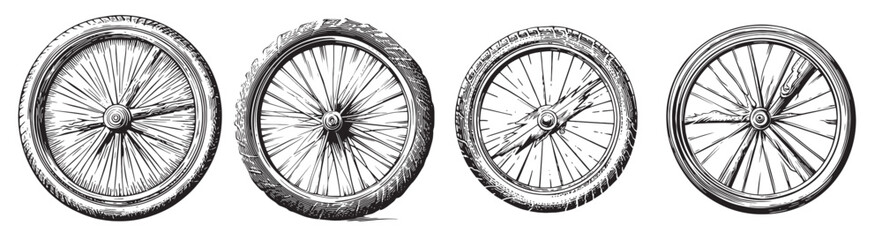 Illustrative Set of Vintage Bicycle Wheels in Various Styles, logo design, engraving design, vector illustration
