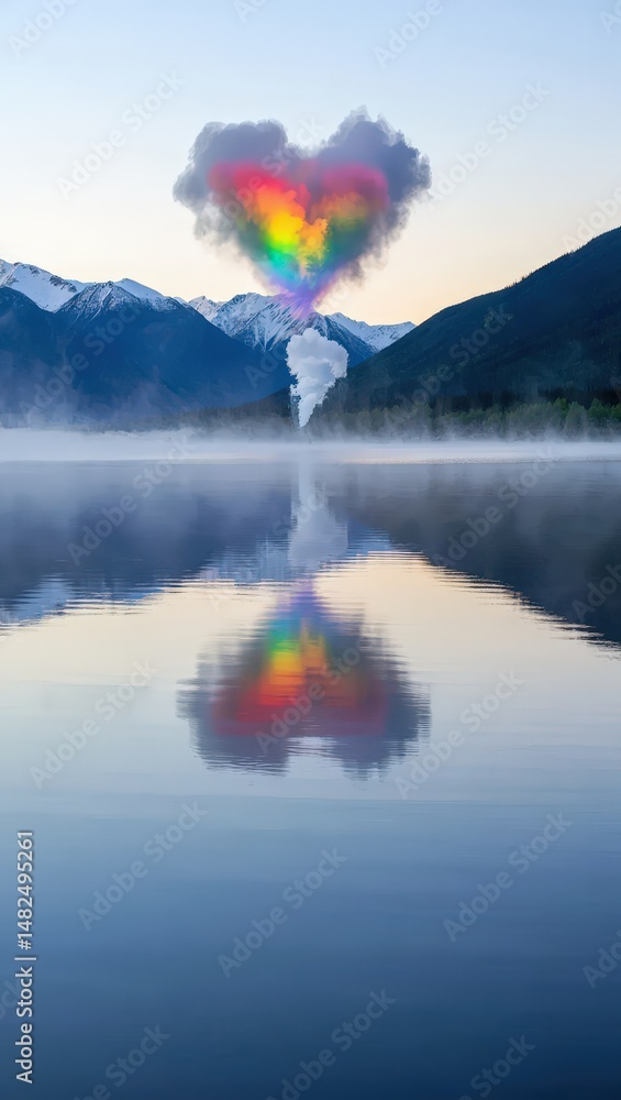 Aufkleber a heart-shaped rainbow appears in the sky above a calm lake reflecting the colors of the rainbow on 