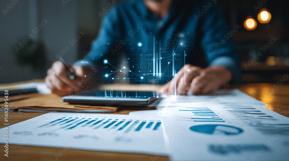 Poster analyzing business data charts and graphs for financial planning and investment strategies today at 