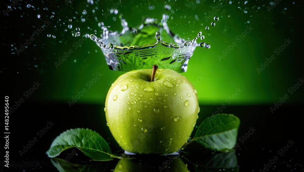 Poster a green apple is in the center of the image, surrounded by water droplets that are falling from abov