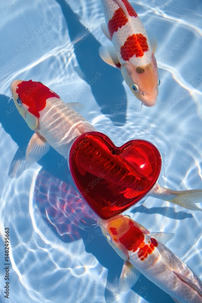 Poster two koi fish swimming in water with a red heart-shaped object between them.