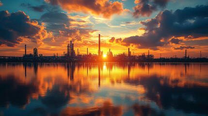 Naklejka premium Industrial refinery complex at sunset reflected in calm water.