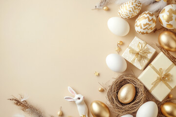 Obraz premium Elegant Easter eggs gifts bunny and feathers on beige background