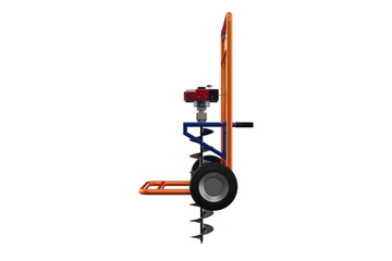 HOLE DIGGER GASOLINE AUGER SOIL DRILL Wheeled Post HANDHELD MACHINE FOR EARTH GROUND, Compact Soil Auger Machine for Planting Trees or Installing Fences, Facing Forward Wheels on a PNG Transparent 