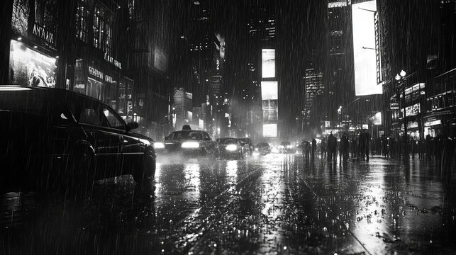 Fototapeta A cinematic black and white rain-soaked city street 