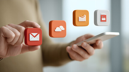 closeup shot of a person holding smartphone and app icons symbolizing digital connection