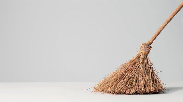 Traditional broom with natural bristles leaning against a clean surface ready for cleaning and organizing household spaces, minimalist design captured beautifully