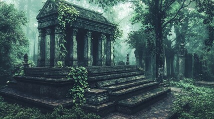Obraz premium Ancient temple in the lush rainforest shrouded by mist and vegetation