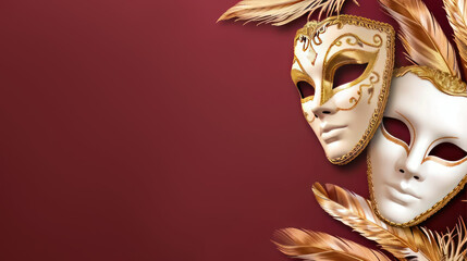 Carnival masks and golden feathers on red background for celebrations, parties, and theatrical events with rich details and artistic flair