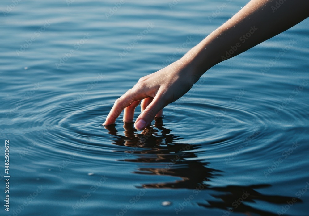 Poster a hand gently touches the water surface creating a series of concentric ripples and a clear reflecti