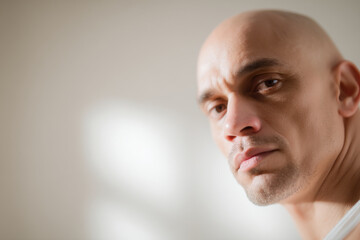 Fototapeta premium portrait of stuntman with determined expression positioned on left side of frame