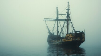 Fototapeta premium Ghostly galleon: A weathered ship emerges from the ethereal mist at sea