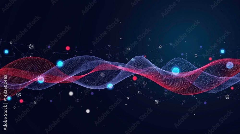Poster a 3d abstract glowing wave pattern with light particles on dark blue background