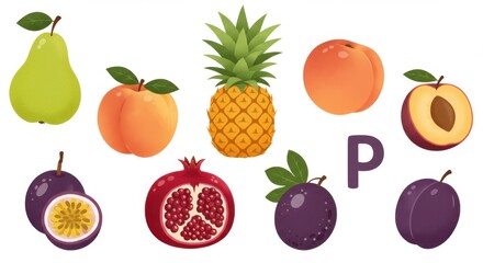 Vibrant Fruits Illustration Alphabet P for Kids