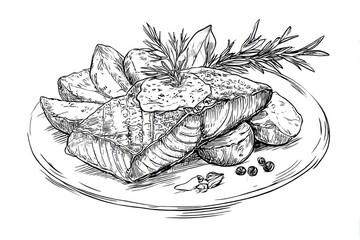 Grilled Salmon Sketch Delicious meal with potatoes and herbs on a plate.