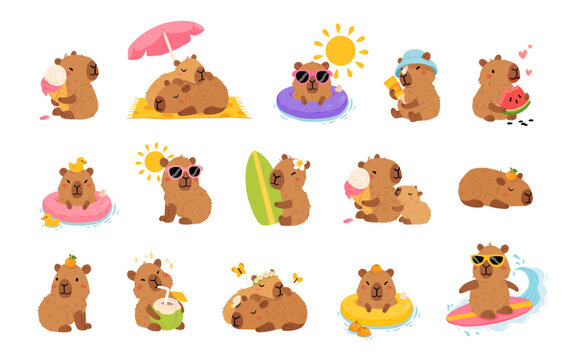 Set of cute summer capybaras in various poses and items. Hand drawn cartoon flat style. Vacation seasonal template for design, kids collection