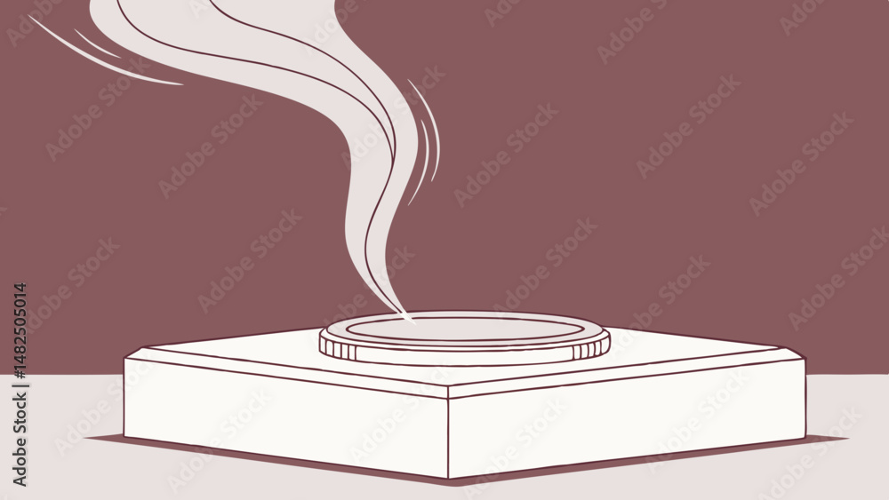 Poster vector minimalistic white square podium with circular top, emitting gentle swirl of smoke, creating 