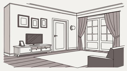 Vector cozy living room featuring television, stylish cabinet, and elegant curtains, creating welcoming atmosphere