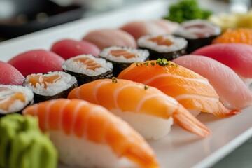 Colorful sushi assortment with fish and rice