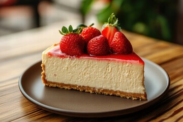 Strawberry cheesecake on brown plate