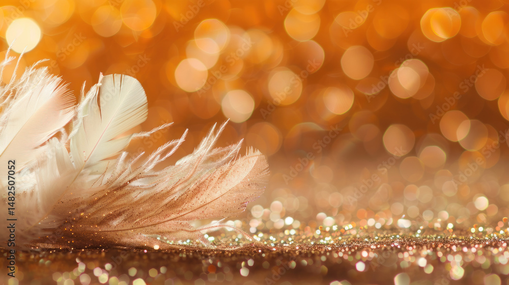 Poster elegant soft feathers on shimmering sparkle background with warm golden bokeh and subtle glitter for