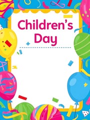 Fototapeta premium Colorful Children’s Day poster featuring “Children’s Day” text at the top, decorative floral border framing vibrant color blocks, and a blank lower half reserved for custom messages