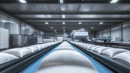 Fototapeta premium Sterile factory interior filled with neatly arranged sterile pillows on a conveyor belt under bright lighting in a modern industrial setting