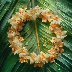 Close-up of an intricate flower lei made of orchids and plumeria, lying on green banana leaves with dewdrops shimmering.