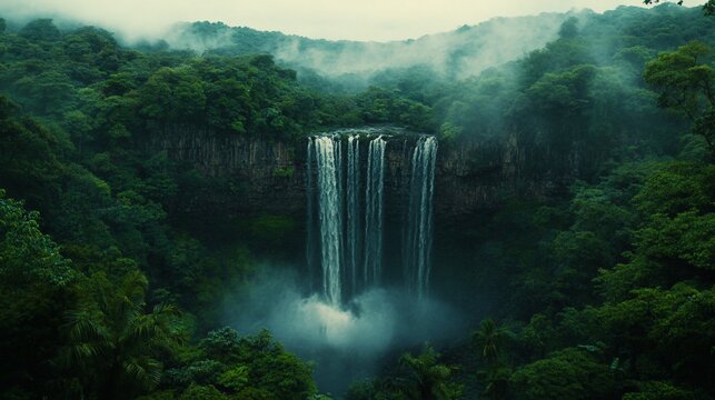 Majestic waterfall in lush jungle
