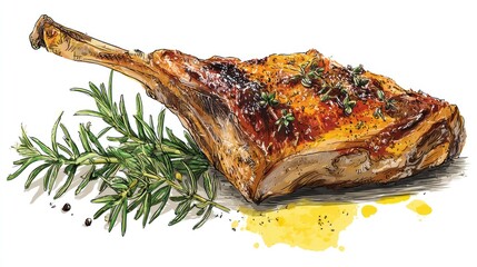 Roasted Lamb Leg A Watercolor Culinary Delight with Rosemary and Thyme.